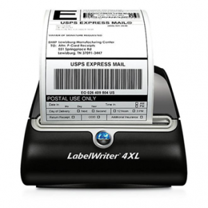 A Dymo LabelWriter 4XL printing a label