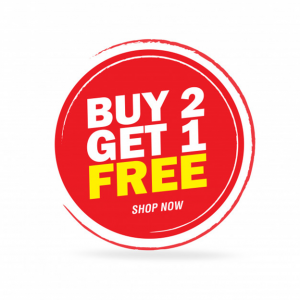 A food discount ad, buy 2 get 1 free