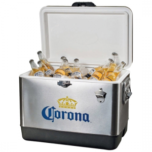 A cooler full of labeled Corona beer bottles