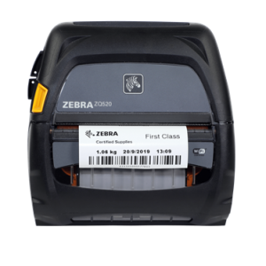 A Zebra mobile thermal printer printing a barcode label