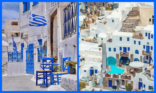 Many Greek houses and tourist spots have blue and white façade