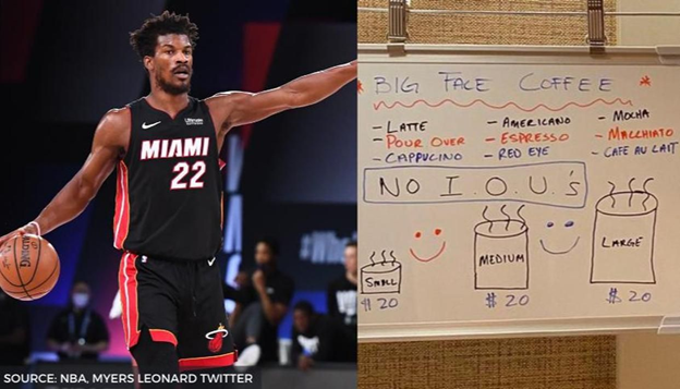 Jimmy Butler and his Big Face Coffee sign board