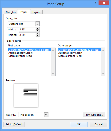 Customizing the paper size on MS Word