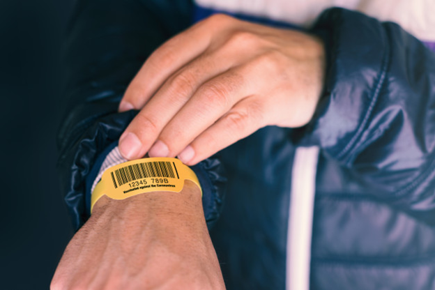 A patient bracelet bearing a barcode