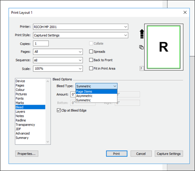 Setting up bleeds by changing the print settings