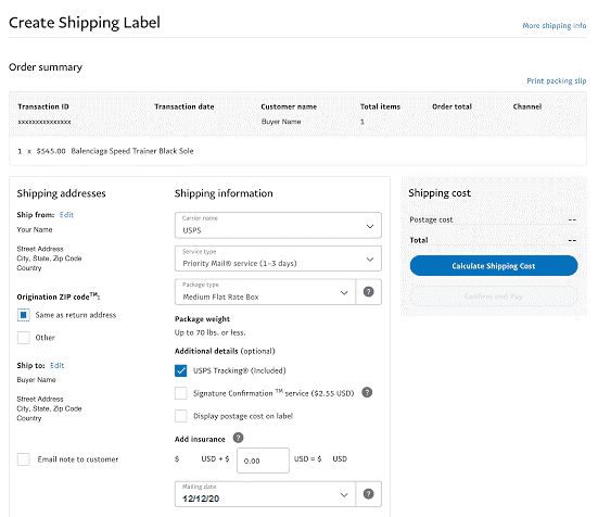 Order Summary Shipping Label