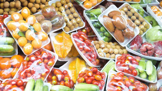 Fruits packed in Styrofoam and stretch wrap