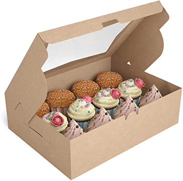 decorative cupcakes in a brown packaging box seethrough at the top