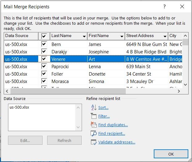 mail merge recipients